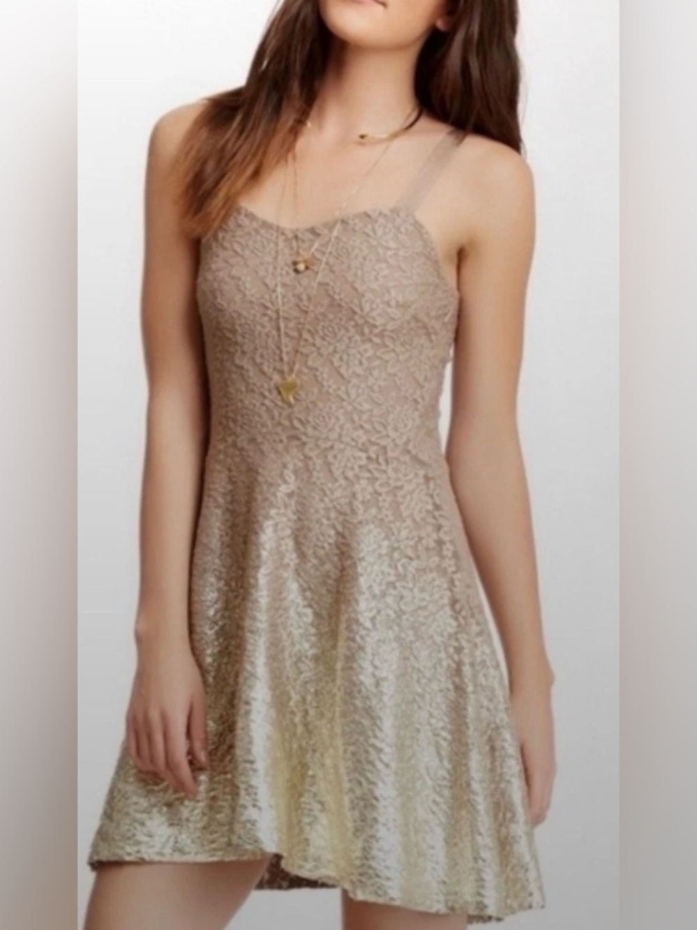 Free People mini cocktail dress tan gold sparkles glitter sleeveless lace L